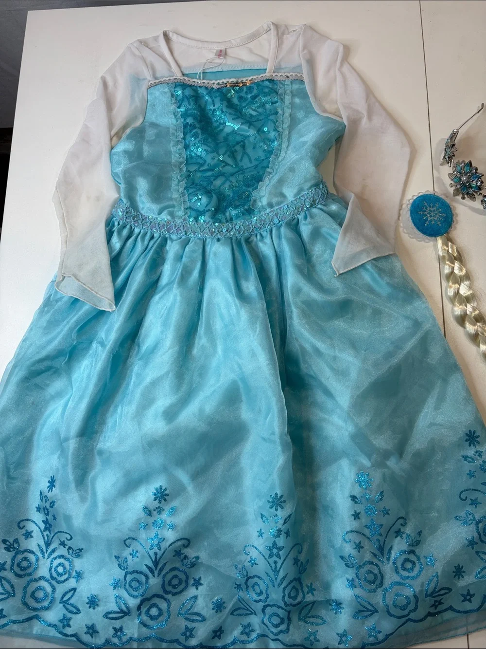 Elsa Princess Dress Costume w Disney Crown & Clip-In Braid  Girls 140 (8–10)